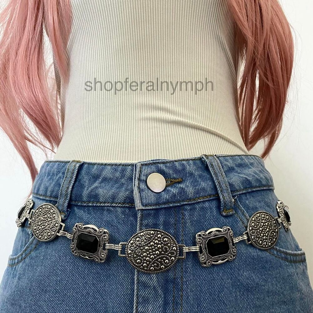 Silver Y2K Black Jewel Whimsygoth Waist Chain Belt, Fits 24-46 Inches, X7GA1477